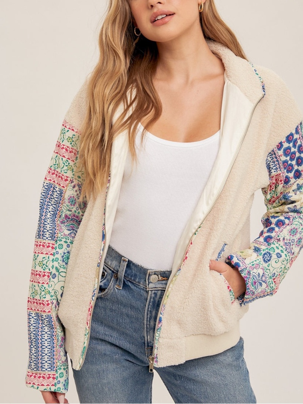 Hem And Thread Quilted Print Contrast Teddy Jacket NWT